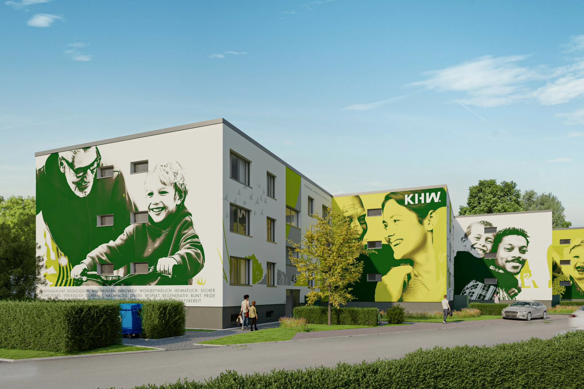 Visualisierung eines modernisierten Wohnensembles mit mehreren Mehrfamilienhäusern. Die Fassaden sind hell gestaltet und mit großflächigen grünen Graffiti‑Motiven mit Porträts von Menschen versehen. Vor einem der Gebäude ist der Schriftzug „KHW“ zu sehen. Grünflächen, Gehwege, Bäume und parkende Fahrzeuge sind in die Umgebung integriert. Die Darstellung zeigt ein lebendiges, modernes Wohnquartier.
